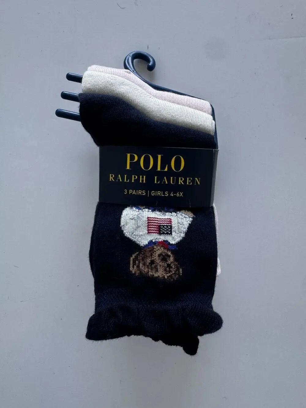 Polo Ralph Lauren Girl’s Polo Bear Crew Socks 3PK Sz 4-6X CUTE Bear with skirt